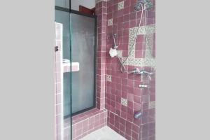 a bathroom with a shower with pink tile at Departamento en Lomas de Cuernavaca con Aire Acond in Temixco