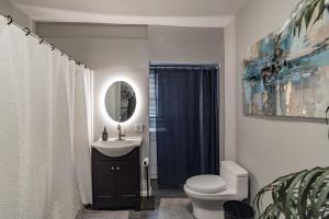 ein Badezimmer mit einem WC, einem Waschbecken und einem Spiegel in der Unterkunft Modern Coed Dorm 10 mins from Jim Thorpe in Weissport