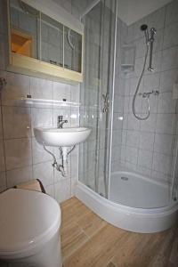 a bathroom with a sink and a shower and a toilet at F.E.Matras-Gasse 9 in Vienna