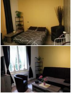 Un dormitorio con una cama y una sala de estar. en Les farios, en Sarlat-la-Canéda