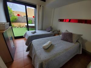 a bedroom with two beds and a large window at Cuyagua in Corralejo