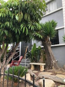 a garden with trees and a bench in front of a building at Inglewood Villa in Los Angeles