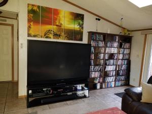 a living room with a flat screen tv and dvds at Private Pet Friendly Home Near Exotic Deer Farm Close to Pigeon Forge, Gatlinburg TN in Sevierville