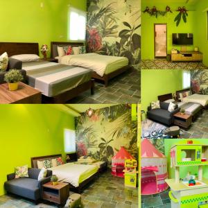 a collage of photos of a bedroom with beds and a toy house at Tongxin Homestay in Puli