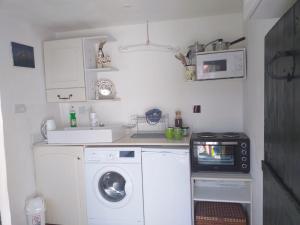 een keuken met een wasmachine en een magnetron bij Serendipity Cottage Palamartsa in Palamarza