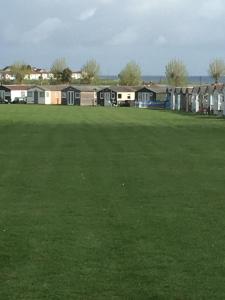 um grande campo de relva com casas ao fundo em Milas Place em Leysdown-on-Sea