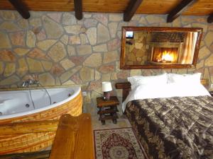 um quarto com uma cama e uma banheira em KALAVRITA INN em Kalavrita
