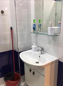 La salle de bains est pourvue d'un lavabo, d'un miroir et d'un balai. dans l'établissement Bright Guesthouse in the center of Yerevan!, à Erevan