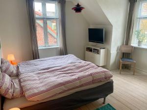 een slaapkamer met een bed en een flatscreen-tv bij Goodnight Randers in Randers