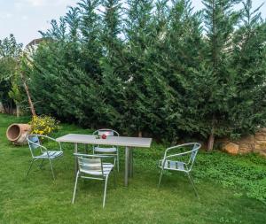 a table and four chairs in the grass at Arsinoi Studios and Apartments in Kalamaki