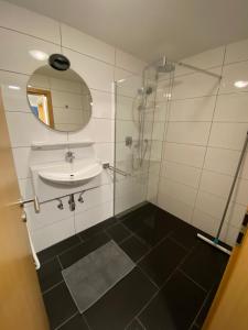 a bathroom with a shower and a sink and a mirror at Ferienwohnung Winterberg Lodge in Winterberg