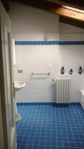 a bathroom with a blue tiled floor and a sink at Appartamento Piuisna in Iseo +40 photos