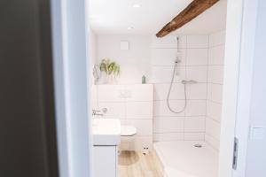 ヘルデッケにあるLandhotel Bonsmann's Hofのシャワーとトイレ付きの白いバスルーム +41枚の写真