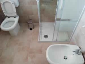 La salle de bains est pourvue d'une douche et de toilettes. dans l'établissement Calicantus bed and breakfast, à Albenga