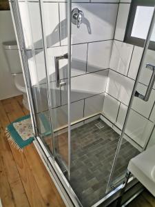 una ducha con puerta de cristal en un baño en Chilli Moon B&B, en Stilbaai