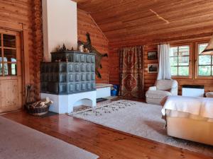 Cabaña de madera con sala de estar con chimenea en Charmantes Ferienhaus am Waldrand, en Karlstift