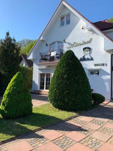 a white house with two bushes in front of it at Willa Admirał in Trzęsacz