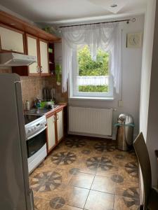 uma cozinha com uma janela, um lavatório e um fogão em Willa Admirał em Trzęsacz