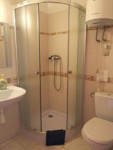 La salle de bains est pourvue d'une douche, de toilettes et d'un lavabo. dans l'établissement Penzión pod Barancom, à Žiar
