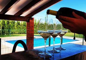 a person is pouring wine into three wine glasses at Chalet Cami de Merle in Denia