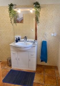 y baño con lavabo y espejo. en B&B Casa Azul en Crevillente