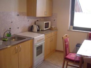 a small kitchen with a sink and a microwave at Ferienhaus Fam. Gottbehüt in Oberweid