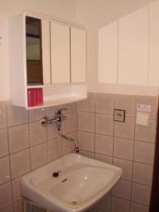 a bathroom with a sink and a medicine cabinet at Hotel Pod skalou in Písek