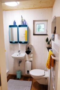 a small bathroom with a sink and a toilet at HJEM - Tiny Homes direkt am Wald zwischen Allgäu & Bodensee in Bergatreute +60 photos