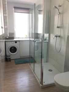 a bathroom with a shower and a washing machine at Beżowe Love in Olsztyn +14 photos