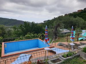 a swimming pool with two umbrellas on top of it at Ca' Olivella in Casarza Ligure