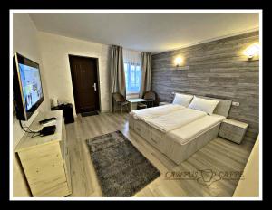 a bedroom with a bed and a flat screen tv at Cabana Campus Caffe - Camere Individuale in Sările