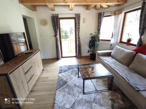 a living room with a couch and a coffee table at Ferienwohnung Hackstock in Lunz am See