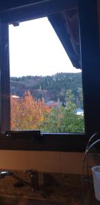 - une fenêtre dans la salle de bains avec vue sur les arbres dans l'établissement Departamento "Avanti", à San Martín de los Andes