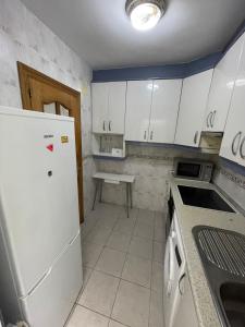 a kitchen with white cabinets and a white refrigerator at Valdavia Habitaciones in Madrid +14 photos