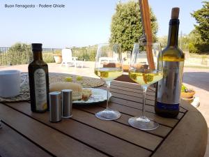 dos copas de vino blanco sentadas en una mesa de madera en Podere Ghiole, en Montespertoli