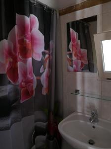 La salle de bains est pourvue d'un lavabo et d'un rideau de douche avec des fleurs roses. dans l'établissement Campita, à Omessa