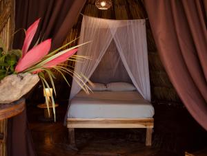 Ce lit se trouve dans un dortoir doté d'une moustiquaire. dans l'établissement Los Hermanos Beach Hostal, à Guachaca