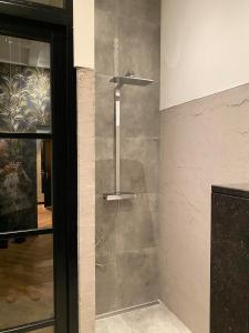 a shower with a glass door in a bathroom at Atalanta-Wellness Roermond 'de Wethouder' in Herten