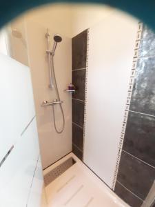 eine Duschkabine im Bad mit Dusche in der Unterkunft Le Clos de la Salamandre in Duravel