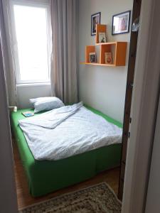 a small bedroom with a green bed and a window at cozy hikers flat in Belgrade