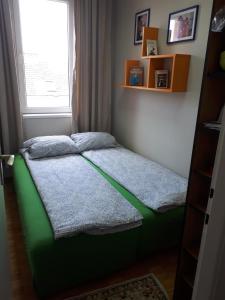 a bedroom with a green bed with a window at cozy hikers flat in Belgrade