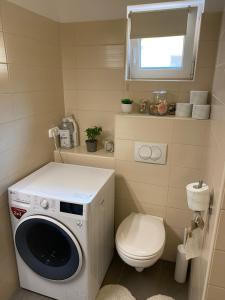a small bathroom with a washing machine and a toilet at Deák Apartman Gárdony in Gárdony +10 photos