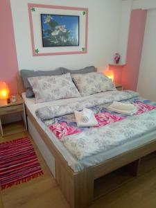 Una cama en una habitación con dos libros. en Studio apartman Šafarić en Sveti Martin na Muri