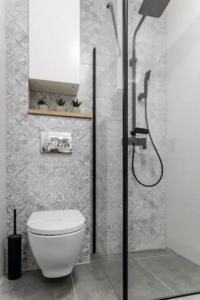 a bathroom with a toilet and a shower at Apartament BlueBay in Puck +25 photos