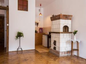 a kitchen with a brick oven in the middle of a room at Nicholas Studio in Krakow