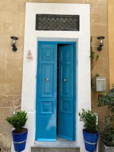 een blauwe deur op een huis met twee potplanten bij Maltese town house in Valletta