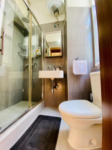 a bathroom with a toilet and a sink and a shower at Maltese town house in Valletta