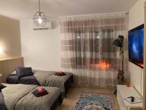 a small room with two beds and a television at Renthouse Guest Apartment in Paide