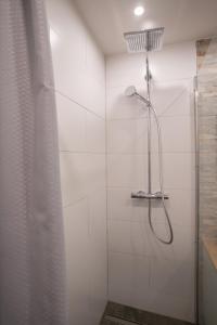 W łazience znajduje się prysznic z zasłoną prysznicową. w obiekcie Waldrausch Titisee w mieście Titisee-Neustadt
