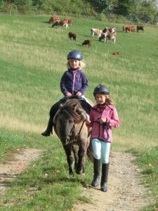 Duas raparigas estão a montar um cavalo num campo. em Ferienwohnung-Stadtblick em Horben